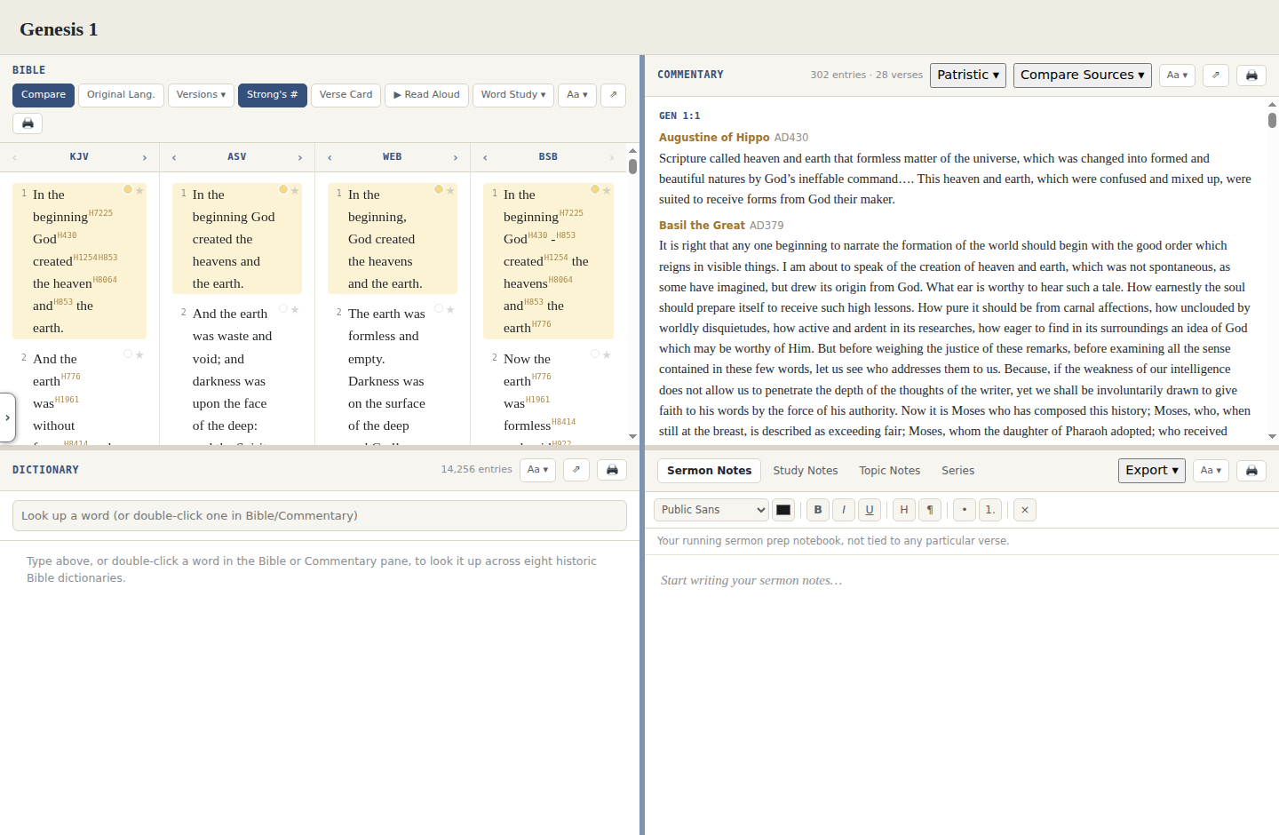 Vellum's four-pane Bible study workspace showing Bible, Commentary, Dictionary, and Notes