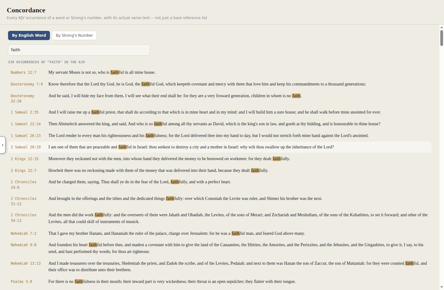 Vellum's Concordance browser showing every KJV occurrence of a searched word with full verse text